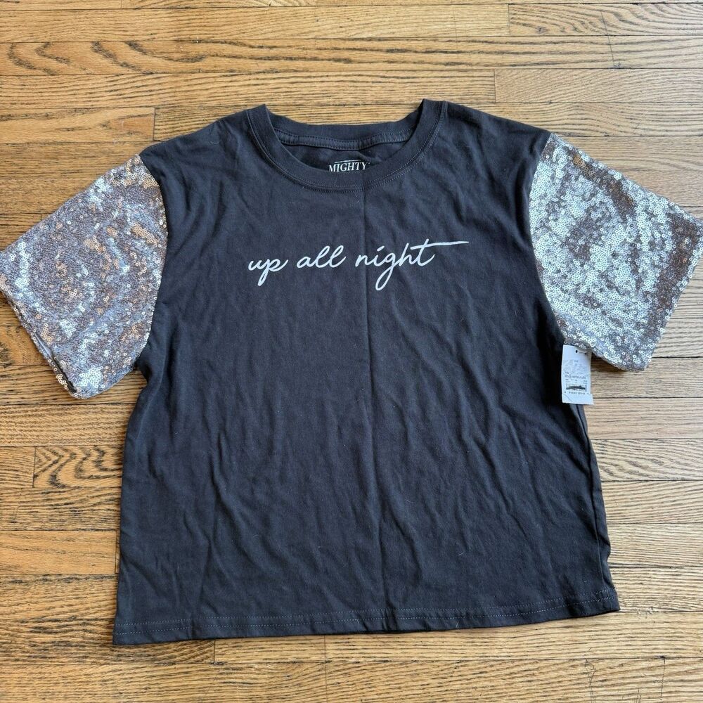 Mighty Fine “Up all Night” Tee Womens Medium Black Silver Sequins Casual Glam
